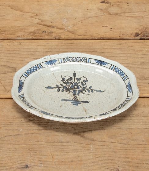 18th Century French Oval Faience Platter Stamped Rouen with Blue and White Decoration