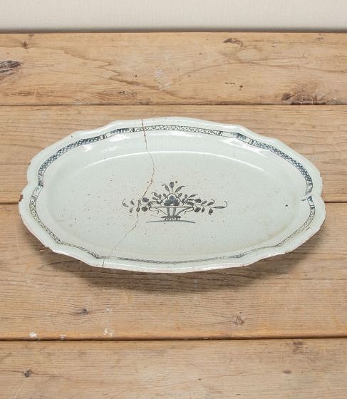 18th Century French Oval Faience Platter with Blue and White Decoration