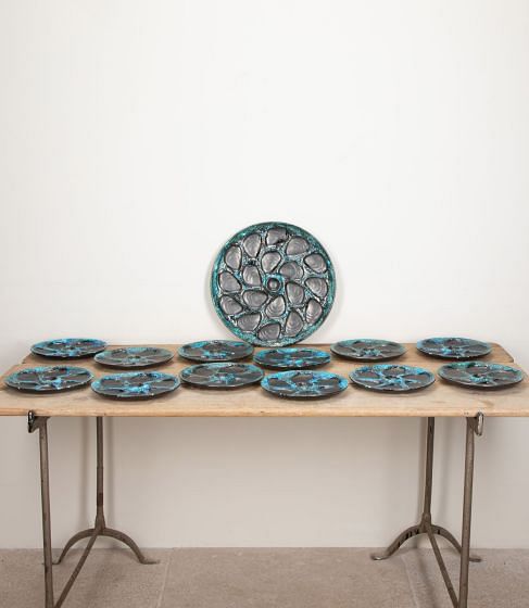 Set of Twelve Mid-Century French "Fat Lava" Cyclope Oyster Plates & Platter
