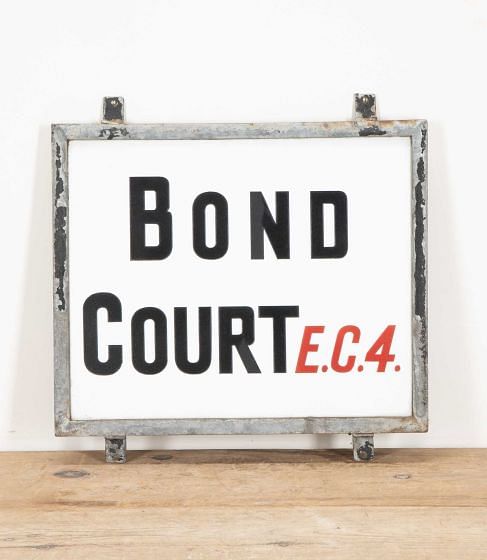 20th Century Original Milk Glass London Street Sign: BOND COURT E.C.4