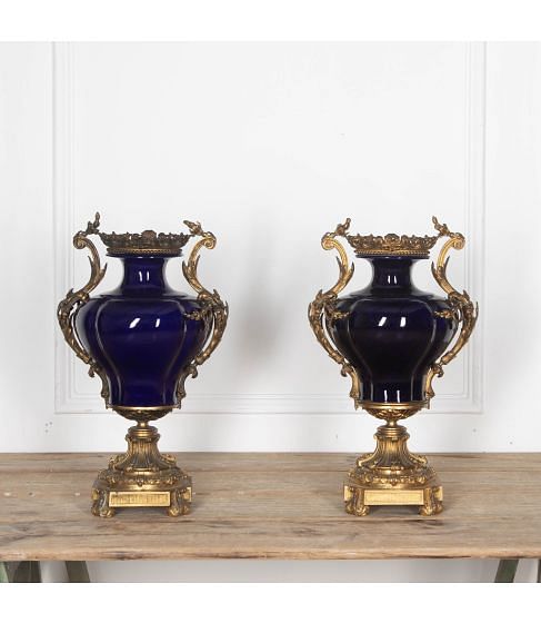 Pair of 19th Century French Blue Ceramic and Ormolu Vases