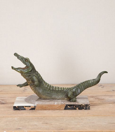 Art Deco French Spelter Crocodile Mounted on Marble Base