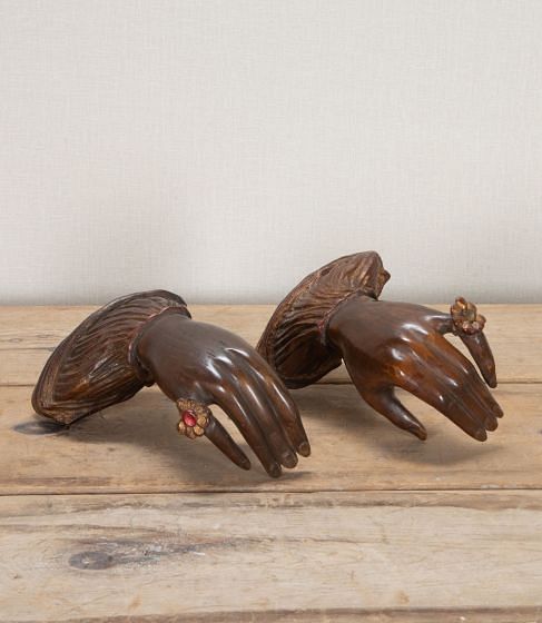 Pair of 20th Century Italian Carved Hand Curtain Hold Backs