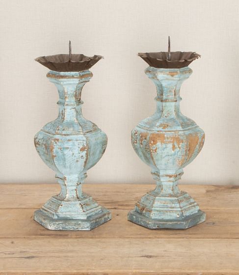 Pair of 18th Century Duck Egg Blue Italian Candlesticks