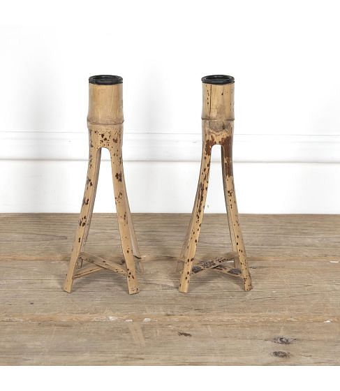 Large Scale Pair of Mid-Century Bamboo Candlesticks
