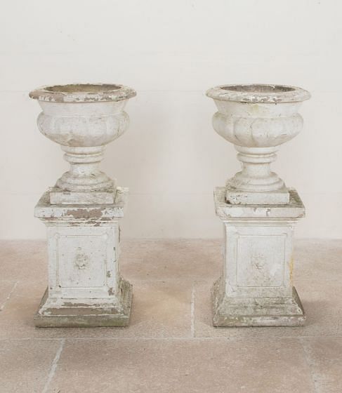 Pair of 20th Century English Garden Urns on Plinths