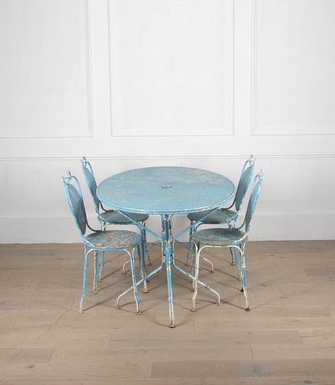 SALE: Large 1950s French Iron Garden Table and Four Chairs