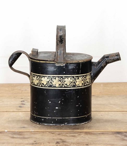 Late 19th Century Victorian Black Enamel and Gilt Watering Can