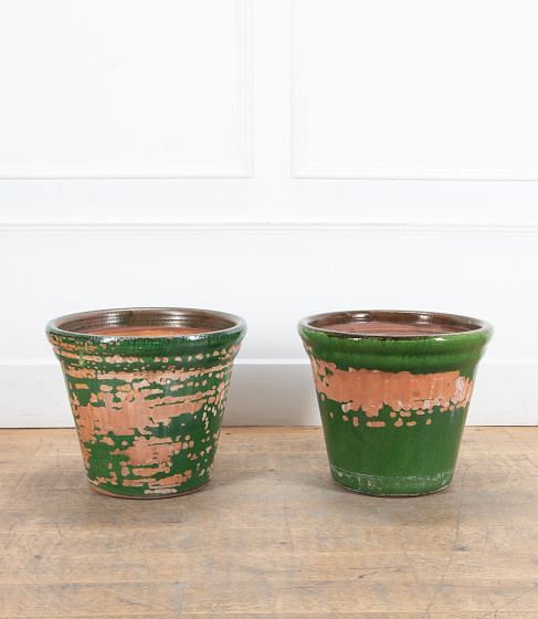 Pair of Large Early 20th Century French Green Glazed Earthenware Planters