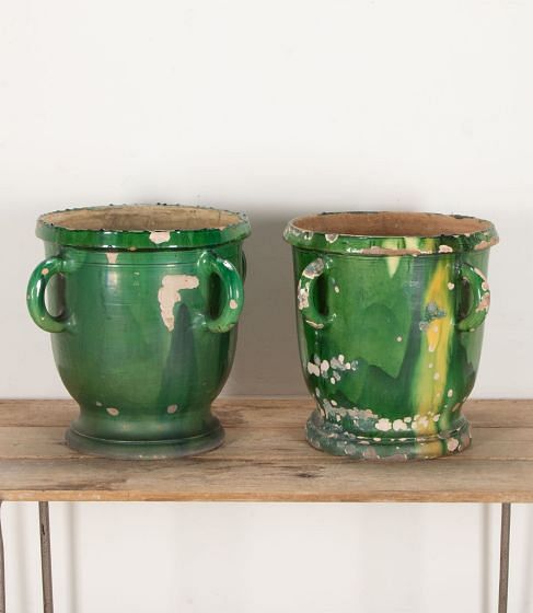 Pair of Large 19th Century Castelnaudary Green Glaze Terracotta Planters