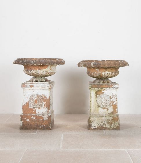 Pair of 19th Century Terracotta Urns on Plinth Bases