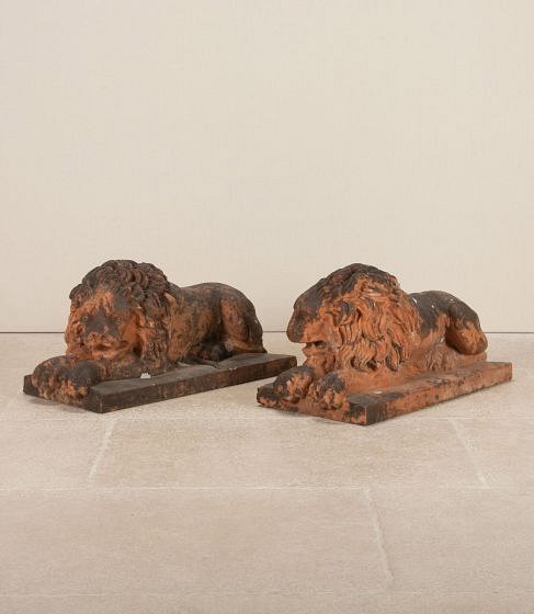 Pair of 19th Century British Recumbent Terracotta Lions