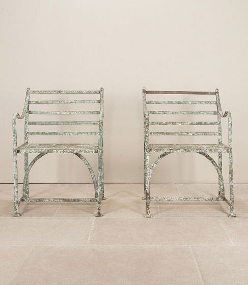 Pair of 19th Century Regency Wrought Iron Strap Work Garden Seats