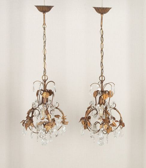 Pair of 20th Century French Tole Crystal Chandeliers