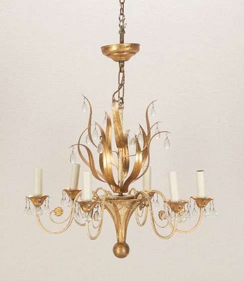 Mid-Century Spanish Gilt Metal Foliate Chandelier with Glass Drops