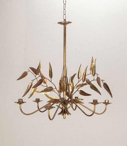 Mid-Century Spanish Gilded Wrought Iron Candle Chandelier