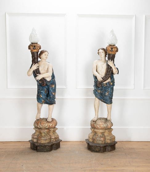 Pair of Large 17th Century Italian Torchiere Polychrome Figure Floor Lamps