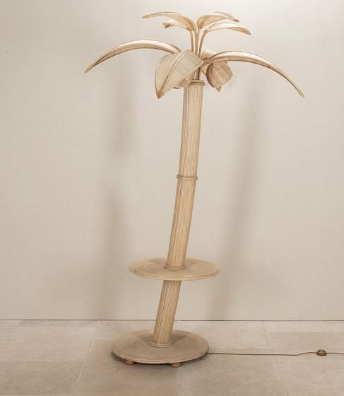 Large Mid-Century French Cane and Bamboo Palm Tree Lamp