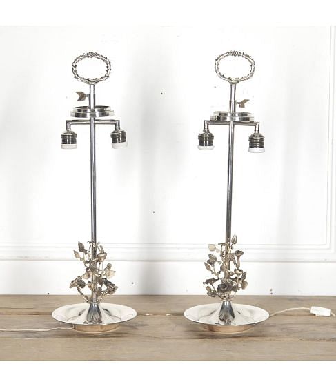 20th Century Pair Of Silver Plated Floral Table Lamps