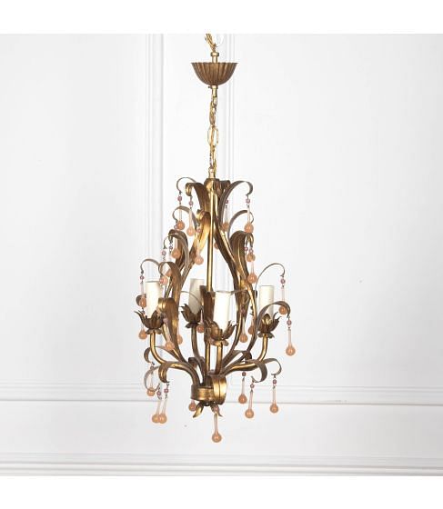 20th Century Small Pretty Gilt Metal Chandelier with Pink Drops