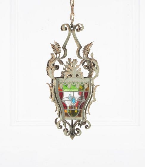 19th Century French Neo-Gothic Style Iron And Stained Glass Lantern