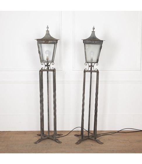Pair of 20th Century Wrought Iron and Steel Column Lanterns