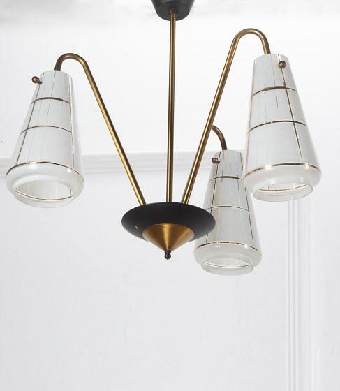 Mid-Century Italian Brass and Enamel Three Arm Chandelier