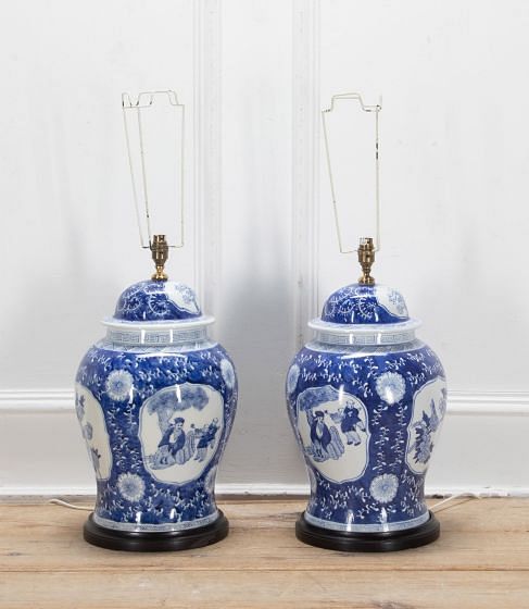 Large Pair of 20th Century Chinese Blue and White Lamps