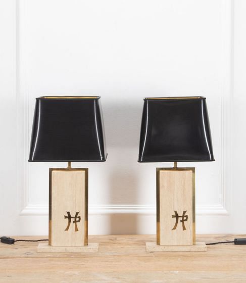 Pair of 20th Century Travertine and Brass Lamps