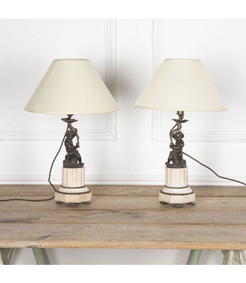 SALE: Pair of 19th Century French Marble and Bronze Cherub Table Lamps