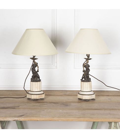 Pair of 19th Century French Marble and Bronze Cherub Table Lamps