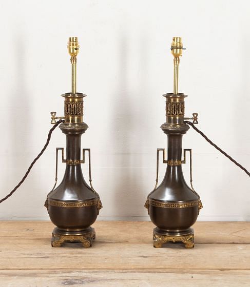 Pair of Early 20th Century Tole and Brass Lamps