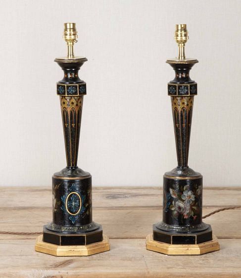Pair of 19th Century French Japanned Tole Table Lamps