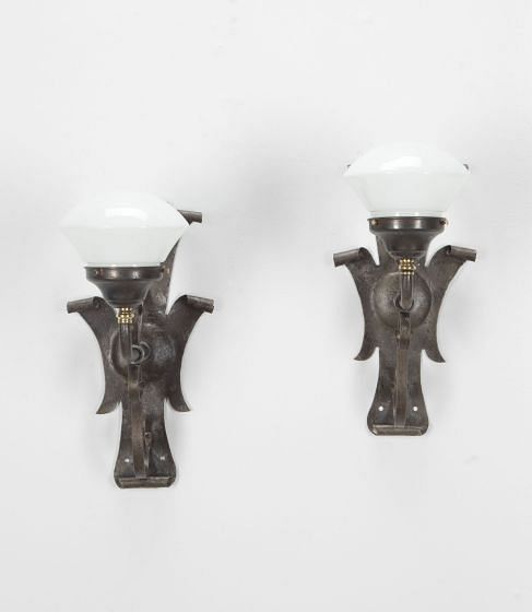 Early 20th Century Wrought Iron and Opaline Glass Wall Lights