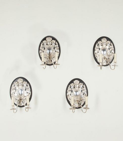Set of Four 20th Century English Silver Repousé Wall Lights