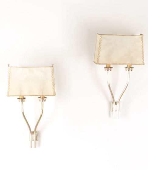 Pair of Mid-Century Spanish Silver Plate Wall Lights with Vintage Parchment Shades