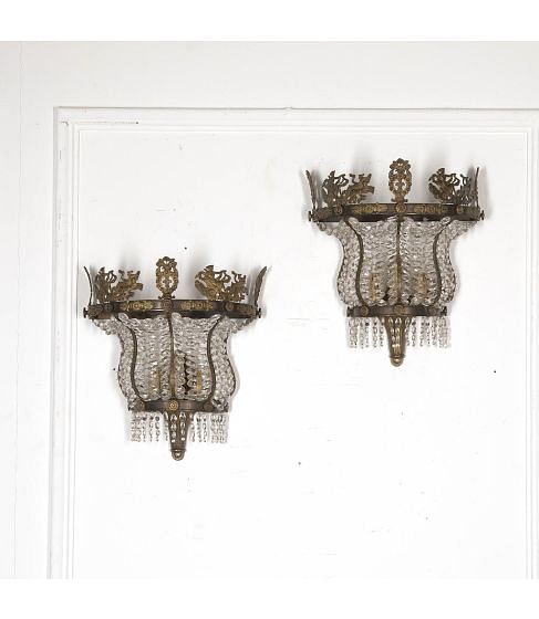 Large Pair of Bronze and Cut Glass Wall Lights