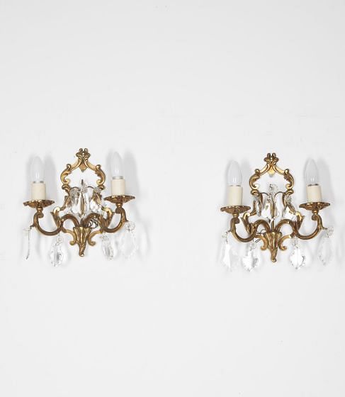 Pair of Early 20th Century French Gilt Bronze and Crystal Wall Lights