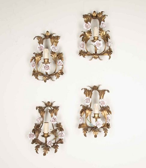 Set of Four 20th Century Italian Wall Lights with Ceramic Flowers