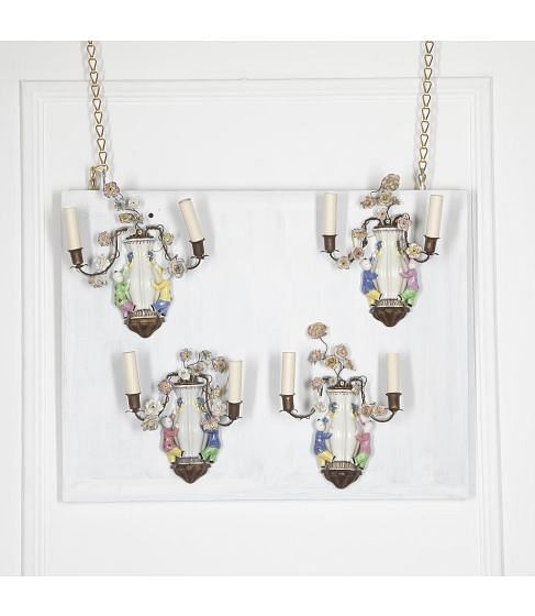 Set of Four Late 19th Century French Gilt Brass Porcelain Wall Lights