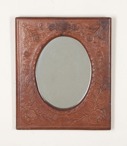 Mid-Century Spanish Embossed Leather Framed Mirror