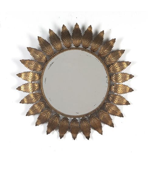 20th Century Spanish Gilt-metal Leaf Sun Mirror