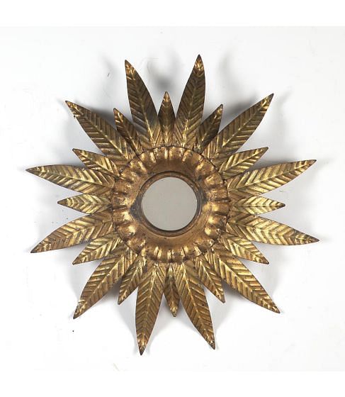 20th Century Spanish Gilt-metal Leaf Sun Mirror