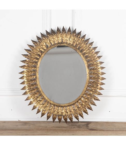 20th Century Spanish Gilt Metal Leaf Oval Sun Mirror