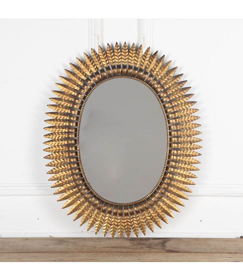 Mid-20th Century Spanish Gilt Metal Leaf Oval Sun Mirror
