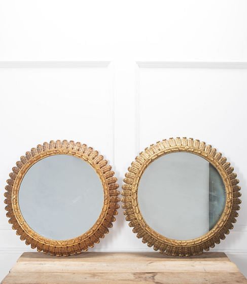 Large Pair of Mid-Century Carved Giltwood Sun Mirrors