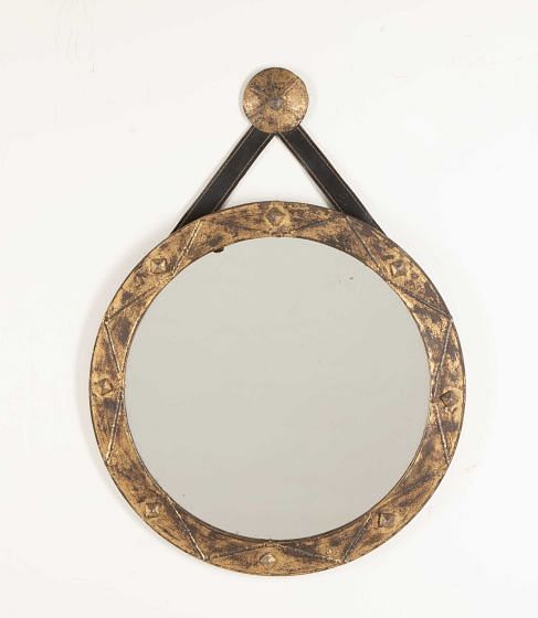Mid-Century Spanish Round Gilt Metal and Leather Mirror