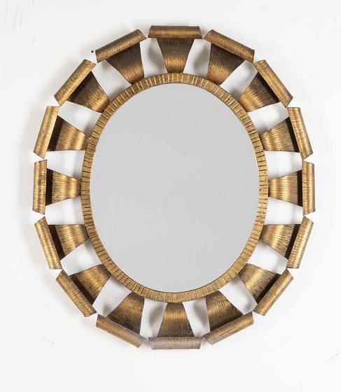20th Century Spanish Brutalist Oval Gilt Metal Mirror