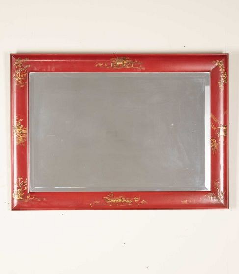 Early 20th Century Red Lacquer Chinoiserie Mirror