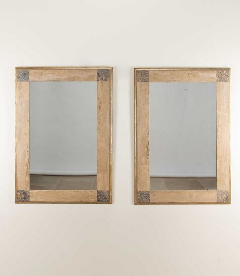 Pair of Mid-Century Siena and Fossil Marble Giltwood Mirrors
